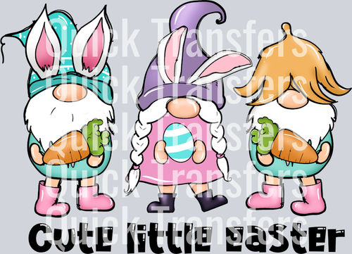The Adorable Easter Gnome Trio With Egg Ready To Press Transfer by Quick Transfers features pastel gnomes in bunny hats, holding carrots and an egg. Perfect for your next project; text reads 