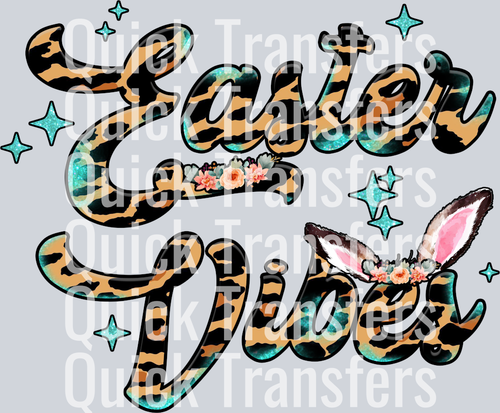 The Easter Vibes Leopard Print Bunny Ears Glitter Transfer by Quick Transfers features bold leopard script, turquoise accents, florals, bunny ears, and blue stars—ideal for DTF or heat press projects. Watermarked with 