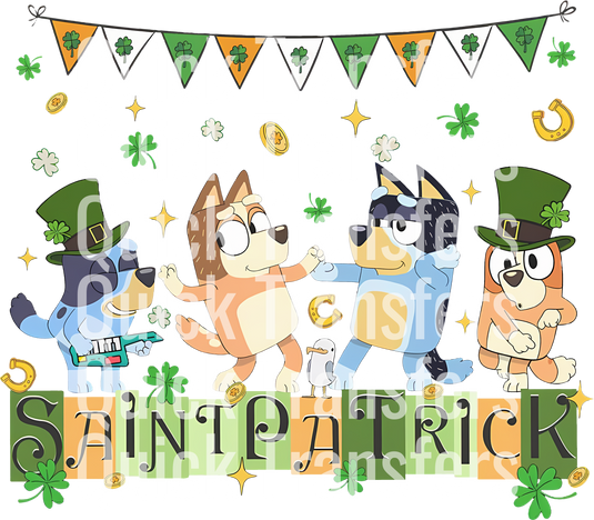 Cartoon animals in festive outfits dance beneath a banner adorned with clovers, horseshoes, and flags. The phrase "Quick Transfers" repeats in white text over the image, while "Bluey Family Celebrating Saint Patrick's Day - Ready To Press DTF Transfer" by Quick Transfers is partially obscured below.