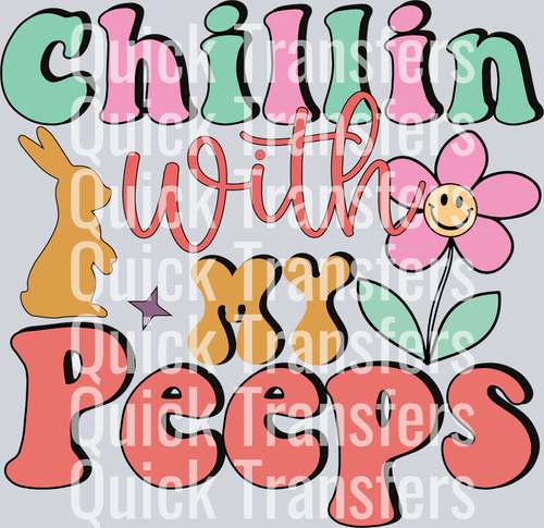 Add retro Easter vibes to your apparel with the “Chillin With My Peeps” transfer by Quick Transfers. Features playful text, two bunny silhouettes, a smiling flower, and stars. Ready to press; “Quick Transfers” watermark included.