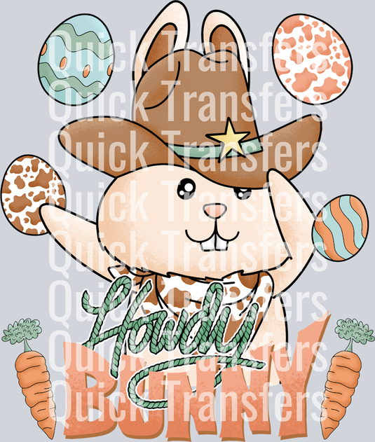 The Adorable Howdy Bunny Cowboy Western Easter Transfer from Quick Transfers features a smiling bunny in a star-topped cowboy hat with Easter eggs and carrots, plus playful 