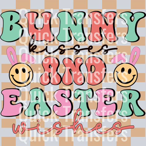 The Adorable Pastel Bunny Kisses And Easter Wishes Transfer by Quick Transfers features playful, colorful text and bunny-eared smiley faces on a beige and gray checkerboard—perfect for DTF transfers and ready to press onto Easter apparel.