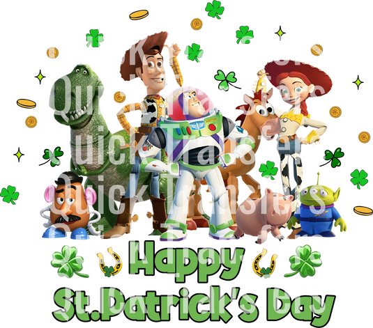 Characters from an animated movie are surrounded by shamrocks and gold coins, with the words "Quick Transfers" and "Happy St. Patrick's" overlaid in a white-green gradient on the Lucky Shamrock Design for St. Patrick's Day - Ready To Press DTF Transfer by Quick Transfers.