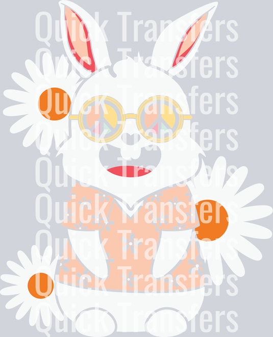 The Charming Retro Bunny With Daisies Sunglasses Transfer by Quick Transfers features a white bunny in yellow sunglasses and a peach shirt with blue dots, holding white daisies—ideal for creating unique custom DTF transfers.