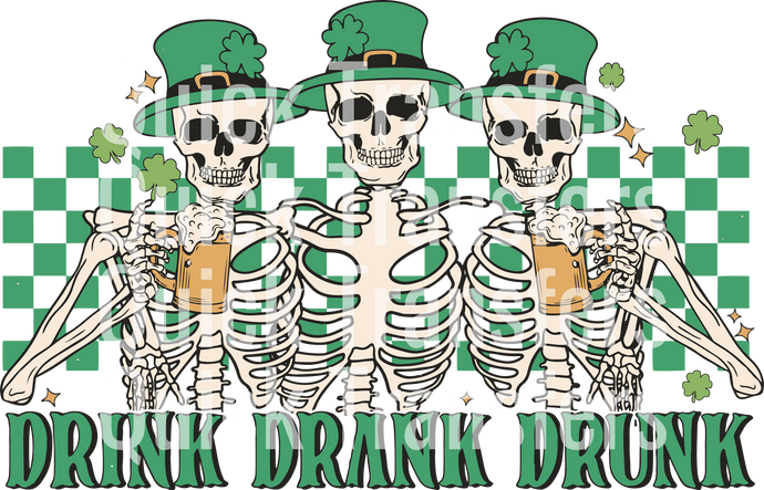 Three skeletons in shamrock green hats holding beer mugs stand against a green-black checkered backdrop, with 