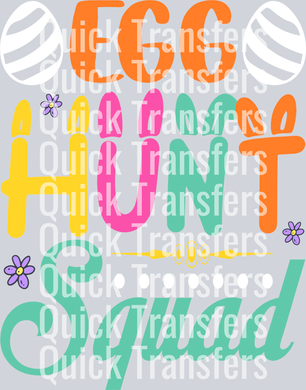 The Vibrant Egg Hunt Squad Easter Design Premium DTF Transfer by Quick Transfers features playful fonts, decorated eggs, and flowers—perfect for ready to press DTF transfers and custom apparel for your next Easter celebration.