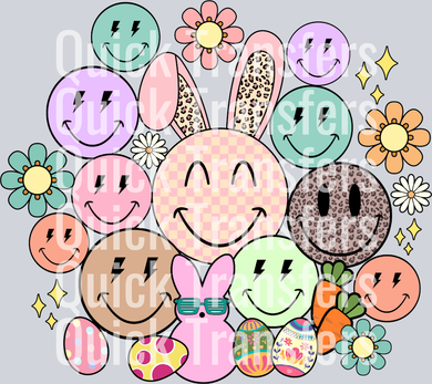 The Whimsical Easter Smiley Bunny With Eggs And Flowers Transfer by Quick Transfers features colorful smiley faces, pastel flowers, Easter eggs, and a bunny with leopard print ears—ideal for custom apparel or Ready to Press DTF creations.