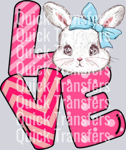The Charming Bunny Love Pink Chevron Blue Bow Transfer by Quick Transfers features bold pink 