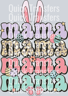 The Charming Easter Mama Pastel Leopard Bunny Ears Transfer by Quick Transfers features colorful mama text, animal prints, bunny ears, Easter eggs, and more on a light grey background—perfect for custom apparel or as an easy DTF transfer.