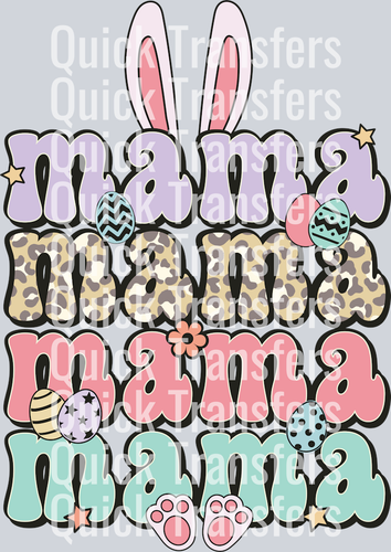The Charming Easter Mama Pastel Leopard Bunny Ears Transfer by Quick Transfers features colorful mama text, animal prints, bunny ears, Easter eggs, and more on a light grey background—perfect for custom apparel or as an easy DTF transfer.
