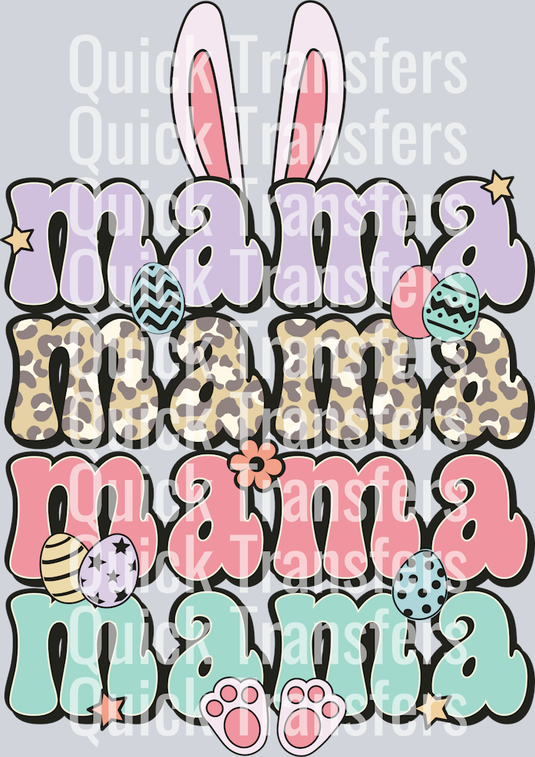 The Charming Easter Mama Pastel Leopard Bunny Ears Transfer by Quick Transfers features colorful mama text, animal prints, bunny ears, Easter eggs, and more on a light grey background—perfect for custom apparel or as an easy DTF transfer.