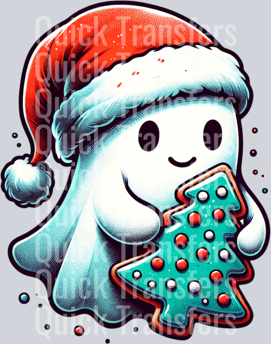 CHRISTMAS GHOST HOLDING A CHRISTMAS TREE COOKIE CLIPART