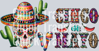 Celebrate with the Quick Transfers Vibrant Cinco De Mayo Sugar Skull With Sombrero Transfer—featuring a festive sugar skull, sombrero, maracas, cacti, and chili peppers. Perfect for DTF or Ready To Press transfers on your holiday projects!.