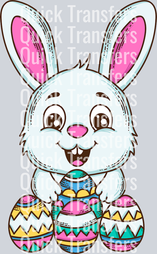 Adorable Easter Bunny With Colorful Eggs DTF Transfer by Quick Transfers features a cute white bunny with big pink ears holding three decorated eggs. Smiling bunny on a light grey background with “Quick Transfers” watermark. Perfect for spring crafts!.