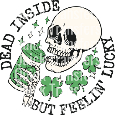 The design features a grinning skull holding a green coffee cup and shamrocks, with 