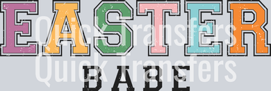 The image shows the Quick Transfers Easter Babe Retro Varsity Pastel Distressed Transfer, featuring 