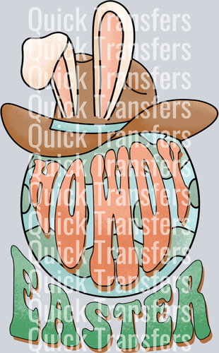 The Charming Howdy Easter Bunny Western Cowboy Egg Transfer by Quick Transfers features a cowboy hat with bunny ears on an egg marked 