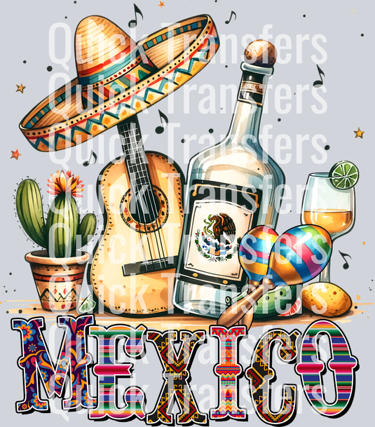 The Vibrant Mexico Fiesta Guitar Tequila Art DTF Transfer by Quick Transfers features a festive sombrero, guitar, cactus, maracas, tequila bottle, cocktail glass, and bold 