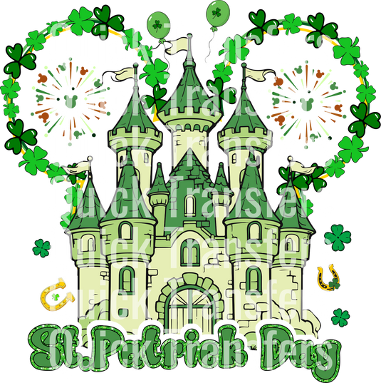 A festive design featuring a green castle with shamrocks and fireworks and "Quick Transfers" above, while "St. Patrick's Day" is at the bottom in white text; part of the Lucky Charm Festivity Design collection by Quick Transfers.