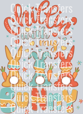 Three cute gnomes in festive hats and bunny ears stand over patterned 