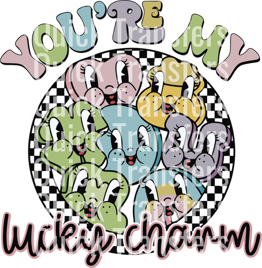 A vibrant cartoon of animal faces with joyful expressions features the text "You're My Quick Transfers" in bold and "Lucky Charms" in cursive at the bottom, showcasing the Cute You Are My Lucky Charm Design by Quick Transfers as a Ready To Press DTF Transfer.