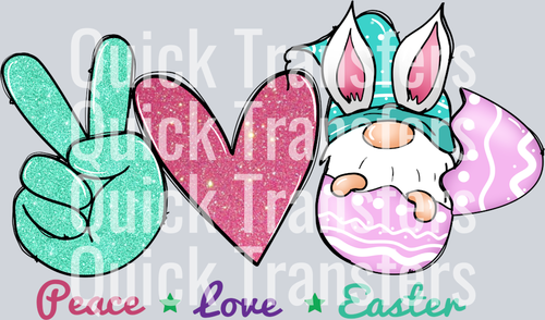 The Peace Love Easter Gnome Vibrant Glitter DTF Transfer by Quick Transfers features a glittery green peace sign, pink heart, and bunny-eared gnome with Easter eggs, plus 