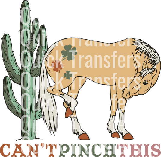 A cartoon donkey wearing a sombrero, adorned with green clovers and a red horseshoe, stands next to a cactus. Text reading "Quick Transfers" is repeated vertically down the image. Product: Cant Pinch This Fun St Patricks Day Design - Ready To Press DTF Transfer by Quick Transfers.