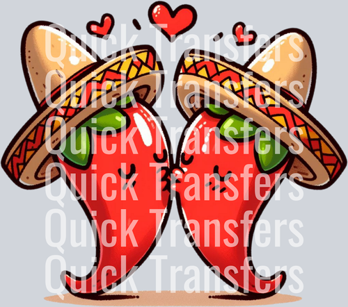 The Adorable Fiesta Chili Pepper Couple With Sombreros Transfer by Quick Transfers features two smiling red chilies in sombreros with hearts above, creating a playful DTF image perfect for your next heat press project.