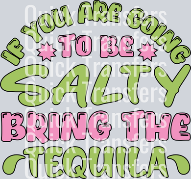 Vibrant Salty Bring The Tequila Bubble Letters Transfer by Quick Transfers features playful green and pink lettering, stars, and a light background—perfect as a Ready To Press DTF Transfer.