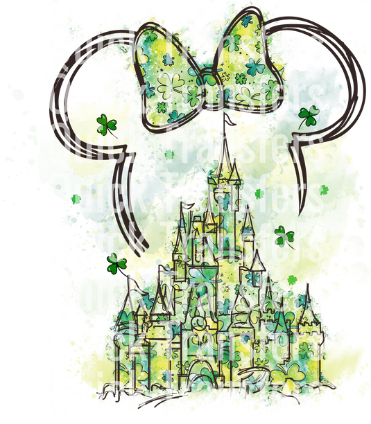 A Mickey Mouse silhouette adorned with vibrant green and yellow splashes features a castle at the bottom, accented with "Quick Transfers" in white print. Product: Whimsical Castle Dreams Hand Drawn Art - Ready To Press DTF Transfer by Quick Transfers.