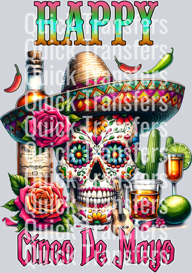 Bring your celebrations to life with the Vibrant Cinco De Mayo Sugar Skull Sombrero Transfer by Quick Transfers—featuring a festive sugar skull in a sombrero surrounded by tequila, lime, chili peppers, maracas, and roses with 