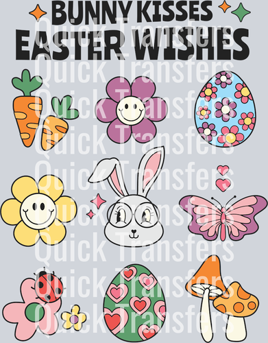Bunny Kisses Easter Wishes Adorable Icons DTF Transfer by Quick Transfers features a bunny face, eggs, flowers, and cheerful Easter motifs—a perfect ready-to-press design for holiday projects.