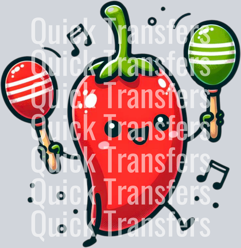 The Kawaii Dancing Chili Pepper With Maracas Musical Transfer by Quick Transfers features a smiling cartoon chili pepper with green maracas, musical notes, and floral accents. Ideal for DTF transfer and ready to press!.
