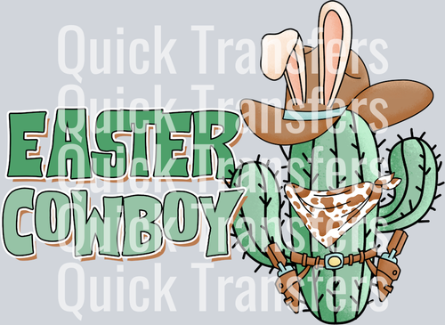 The Adorable Easter Cowboy Bunny Cactus Western Transfer by Quick Transfers features a green cactus with a cowboy hat, bunny ears, and cow-print bandana—ideal for custom apparel or DTF projects with your heat press.