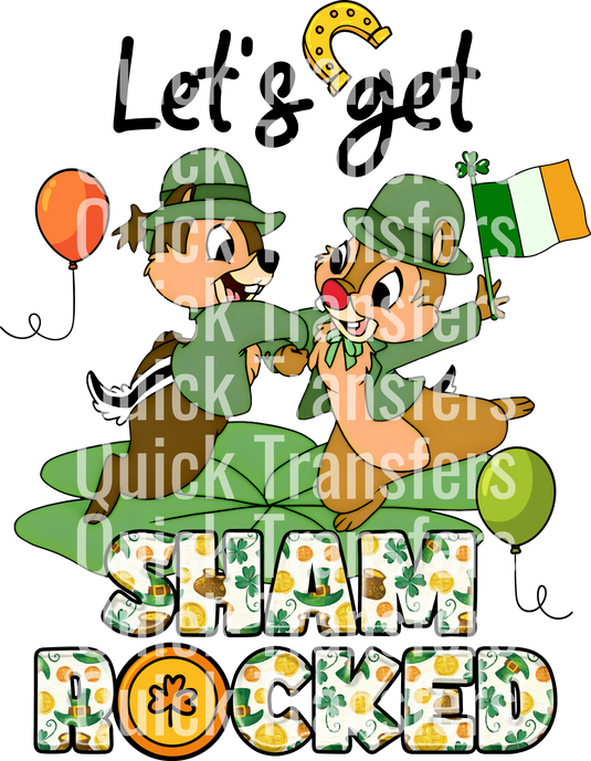 An illustration shows a leprechaun hugging a fox with an Irish flag, both in green attire. The background repeats "Quick Transfers" and features "Let Us Get Shamrocked Festive DTF Transfer - Ready To Press" in shamrock patterns at the bottom.