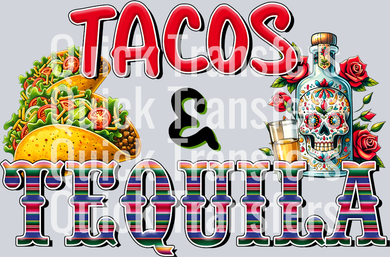 The Vibrant Tacos And Tequila Sugar Skull Fiesta Transfer by Quick Transfers features two tacos, a decorated tequila bottle, and roses with vivid red stripes. Perfect for custom apparel, this bold DTF transfer is ready to press.