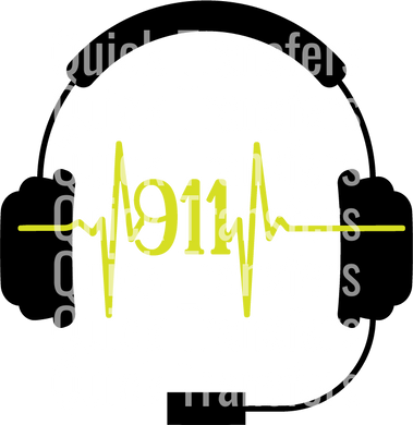 A high-resolution image features a Ready to Press Transfer - Dispatcher 911 EKG Headphones by Quick Transfers: a black headset frames the bold yellow 