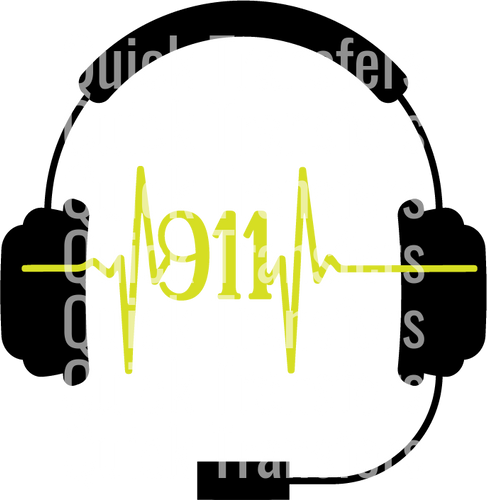 A high-resolution image features a Ready to Press Transfer - Dispatcher 911 EKG Headphones by Quick Transfers: a black headset frames the bold yellow 