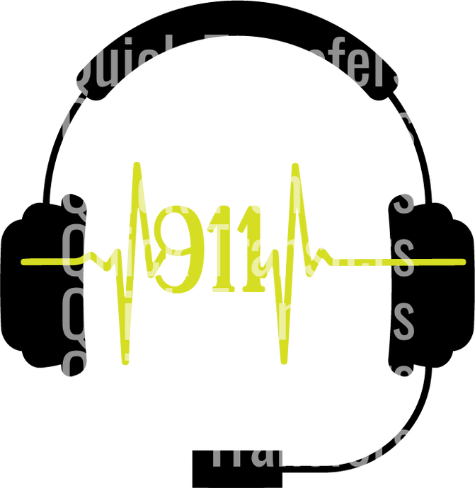 A high-resolution image features a Ready to Press Transfer - Dispatcher 911 EKG Headphones by Quick Transfers: a black headset frames the bold yellow 