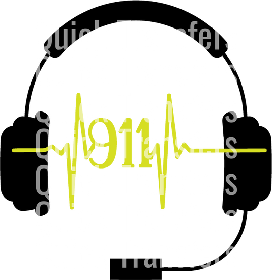 A high-resolution image features a Ready to Press Transfer - Dispatcher 911 EKG Headphones by Quick Transfers: a black headset frames the bold yellow "911" with a heartbeat line, creating a striking graphic.