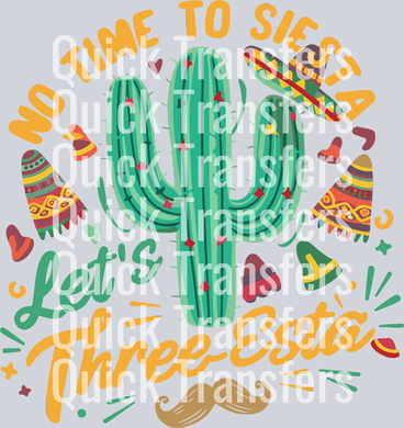 Add festive flair to any project with the Vibrant Bold No Time To Siesta Lets Fiesta Cactus Transfer by Quick Transfers, featuring a green cactus, maracas, sombreros, confetti, floral doodles, and 