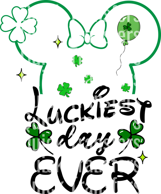 The design, "Luckiest Day Ever Celebration" by Quick Transfers, features the phrase "Quick Transfers" repeated seven times amid shamrocks and diamonds.