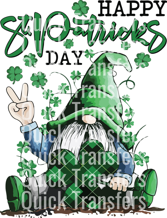 A gnome wearing a green hat and boots poses with a peace sign among shamrocks. The text "Quick Transfers" is repeatedly overlaid in white. Product: Charming Gnome With Shamrock For St Patrick's Day - Ready To Press DTF Transfer.