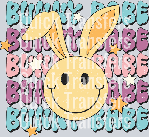 Quick Transfers’ Cute Bunny Babe Pastel Stars Ready To Press DTF Transfer features a smiling yellow bunny with large ears, pastel graffiti “BUNNY BABE” text, and stars—ideal for Easter apparel or festive crafts.