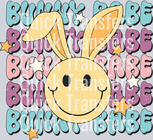 Quick Transfers’ Cute Bunny Babe Pastel Stars Ready To Press DTF Transfer features a smiling yellow bunny with large ears, pastel graffiti “BUNNY BABE” text, and stars—ideal for Easter apparel or festive crafts.