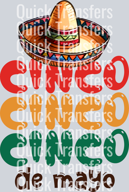 The Festive Vibrant Cinco De Mayo Sombrero Retro DTF Transfer by Quick Transfers features a colorful sombrero above 