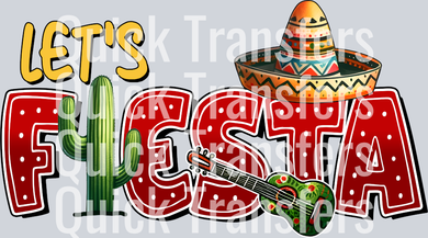 Bright “Let’s Fiesta” text with a cactus, sombrero, and guitar pops in bold colors—ideal for custom or Ready To Press DTF Transfers. Quick Transfers’ Lets Fiesta Sombrero Cactus Guitar Vibrant DTF Transfer adds festive flair to your projects!.