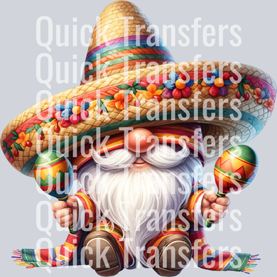 The Vibrant Sombrero Gnome With Maracas Fiesta Transfer by Quick Transfers features a white-bearded gnome in a colorful sombrero, holding maracas on a striped blanket with festive florals—perfect for bright, ready to press DTF projects.