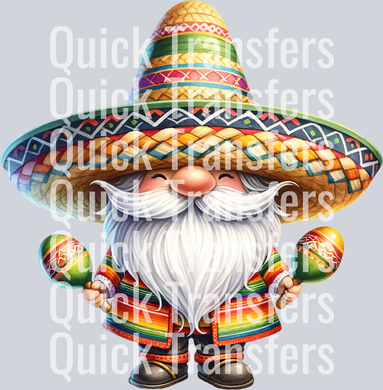 The Vibrant Fiesta Gnome With Sombrero And Maracas Transfer by Quick Transfers features a cheerful, white-bearded gnome in a colorful sombrero and poncho with maracas, set against a floral background—perfect for ready to press DTF applications.