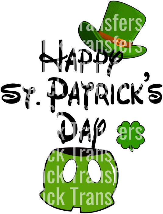 St. Patrick's Day graphic by Joyful Boy features "Quick Transfers" and "St. Patrick's" text with a leprechaun’s green top hat, shamrock, and pot of gold for creative apparel DTF transfer.